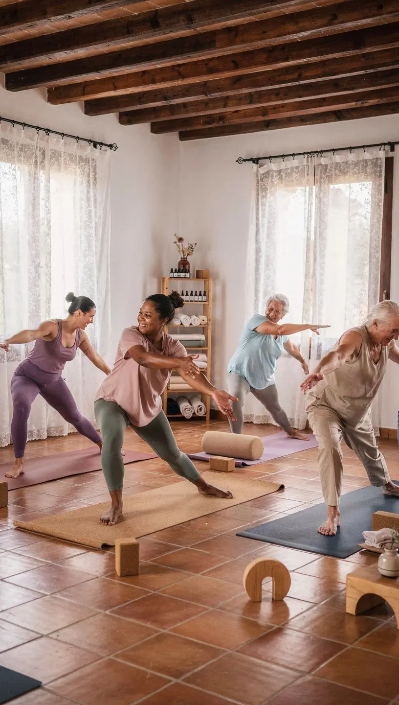 Grupo de personas en una clase de yoga, siguiendo movimientos fluidos que promueven la salud cardiovascular.