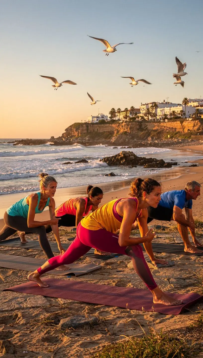 Vista aérea de un estudio de yoga, donde los participantes realizan posturas energéticas para estimular el flujo sanguíneo.