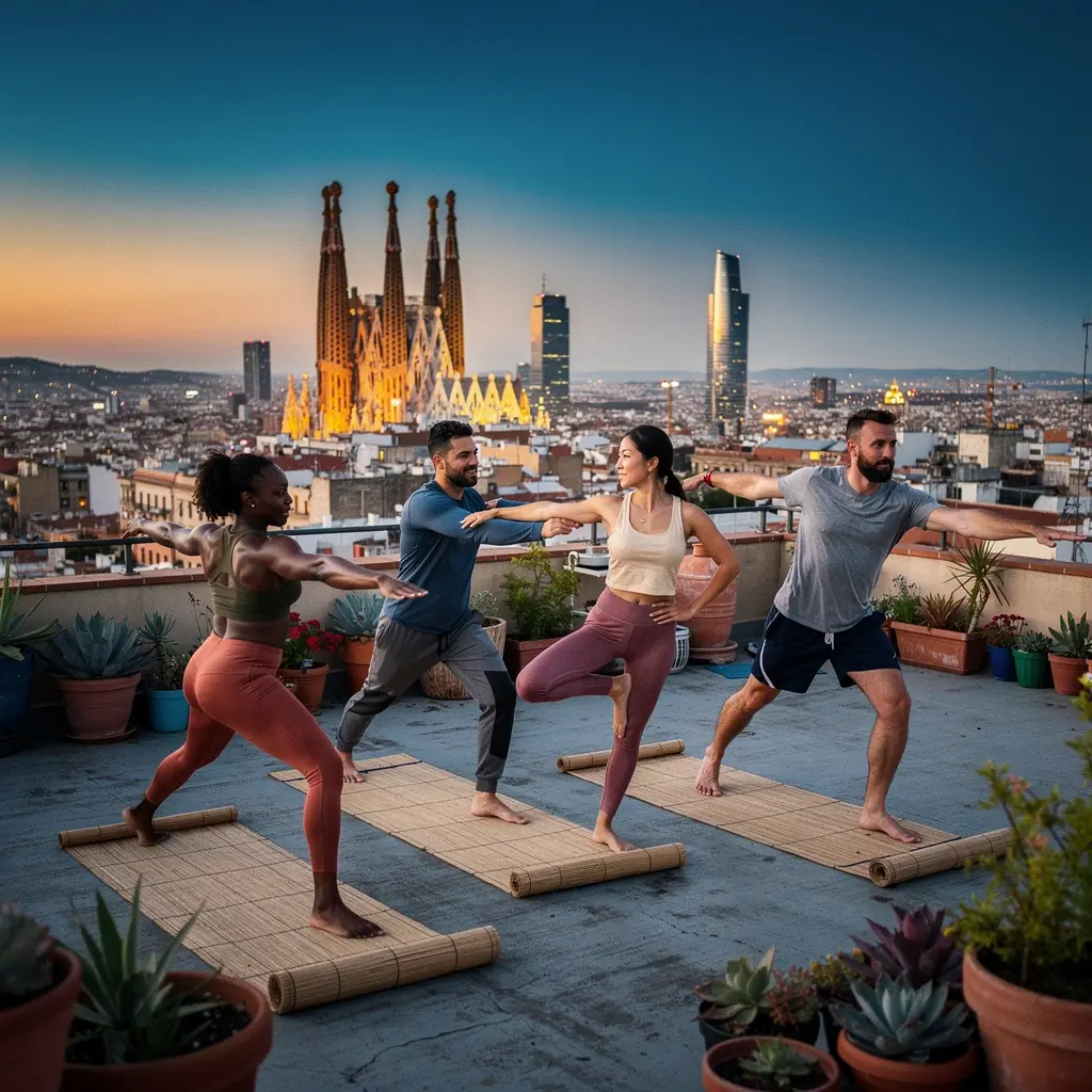 Una persona practicando yoga en un parque, realizando una secuencia dinámica que mejora la circulación sanguínea.