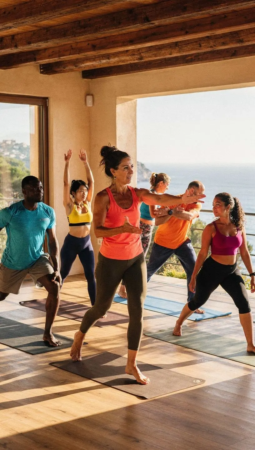 Practicante de yoga realizando una postura de apertura de cadera en un entorno natural.
